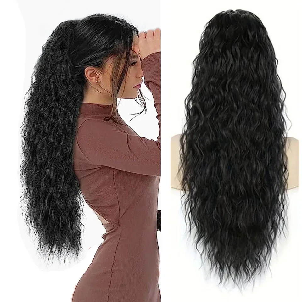 Water Wave Drawstring Ponytail Hair Extensions 170g 26in Curly Pony tail Natural Black Color 100 Brazilian Remy Human Hair 1B_voghion.com