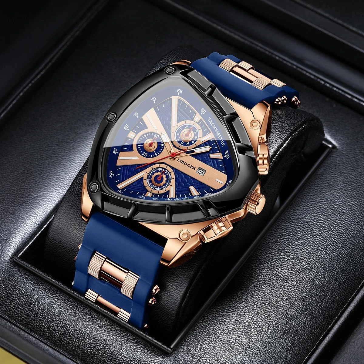 Men's Luxury Sports Watch Large 48mm Dial Blue Silicone Strap Chronograph Style Casual Business Wristwatch