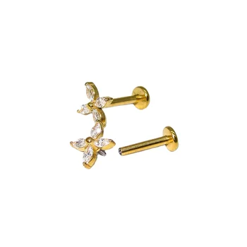 4 Marquise CZ Petals Flower Top on Internally Threaded 316L Surgical Steel Flat Back Studs for Cartilage, Labret, and More