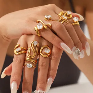 MW 18K Gold PVD Plate Stainless Steel Modern Geometric Dainty White Zircon Ring for Women Fashion Wholesale