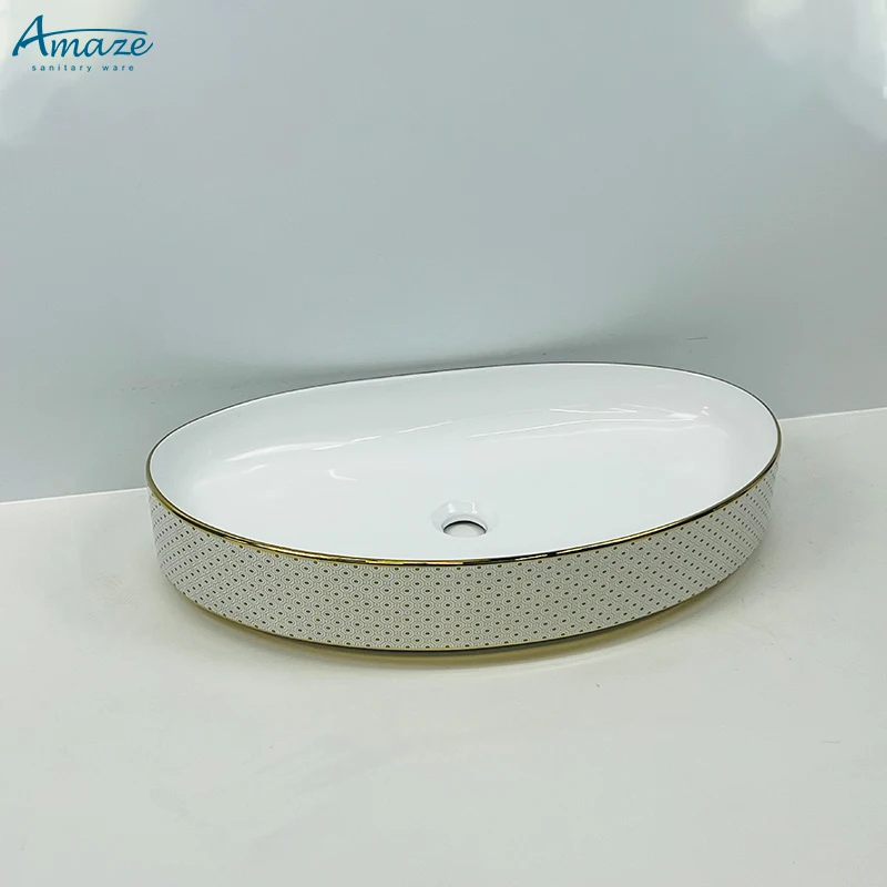 Good quality washroom wc sanitary ware white gold plating pattern ceramic lavabo counter top wash basin sink factory