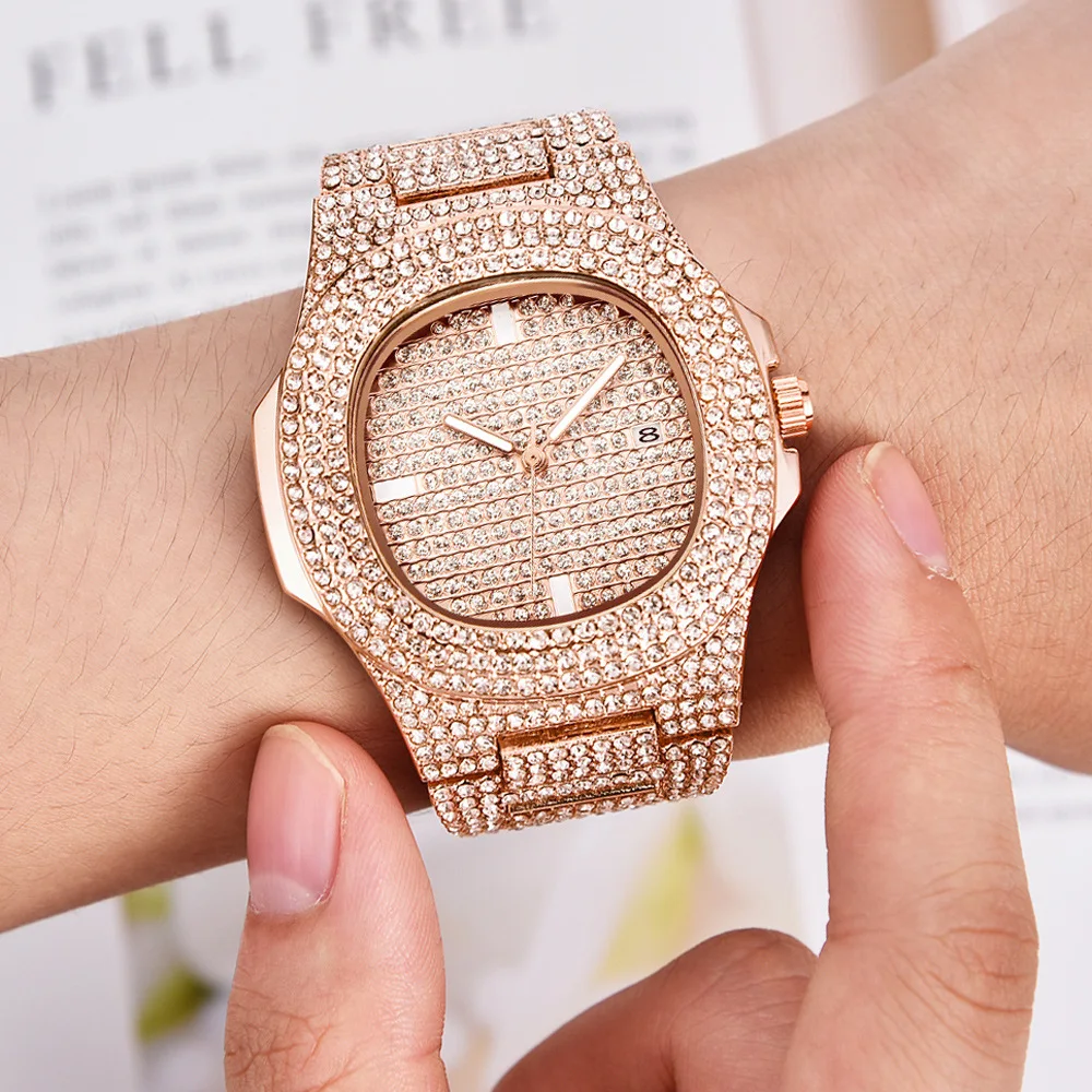 43MM Gold Silver Custom Logo Iced Out Quartz Watch