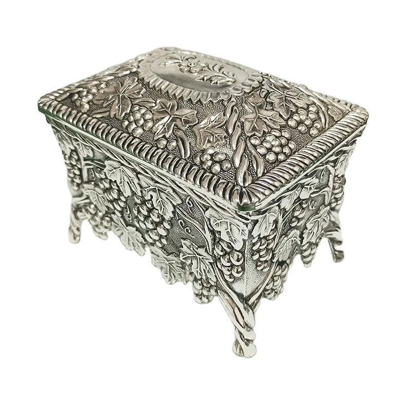 Metal Rectangle Grape Jewelry Box with Four Legs in Antique Finished