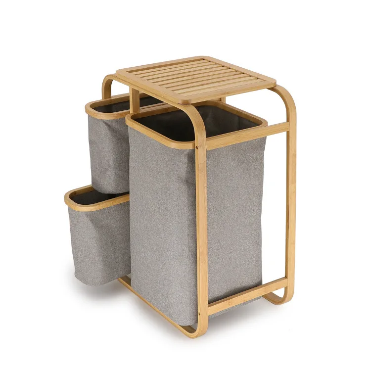 Бамбуковая корзина для белья с 3 тканевыми мешками натуральный серый в ванную комнату хранения одежды Органайзер