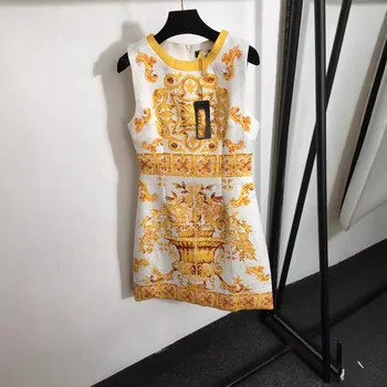 Summer new arrival hot sale women's vintage pattern printed waist-controlled sleeveless vest dress