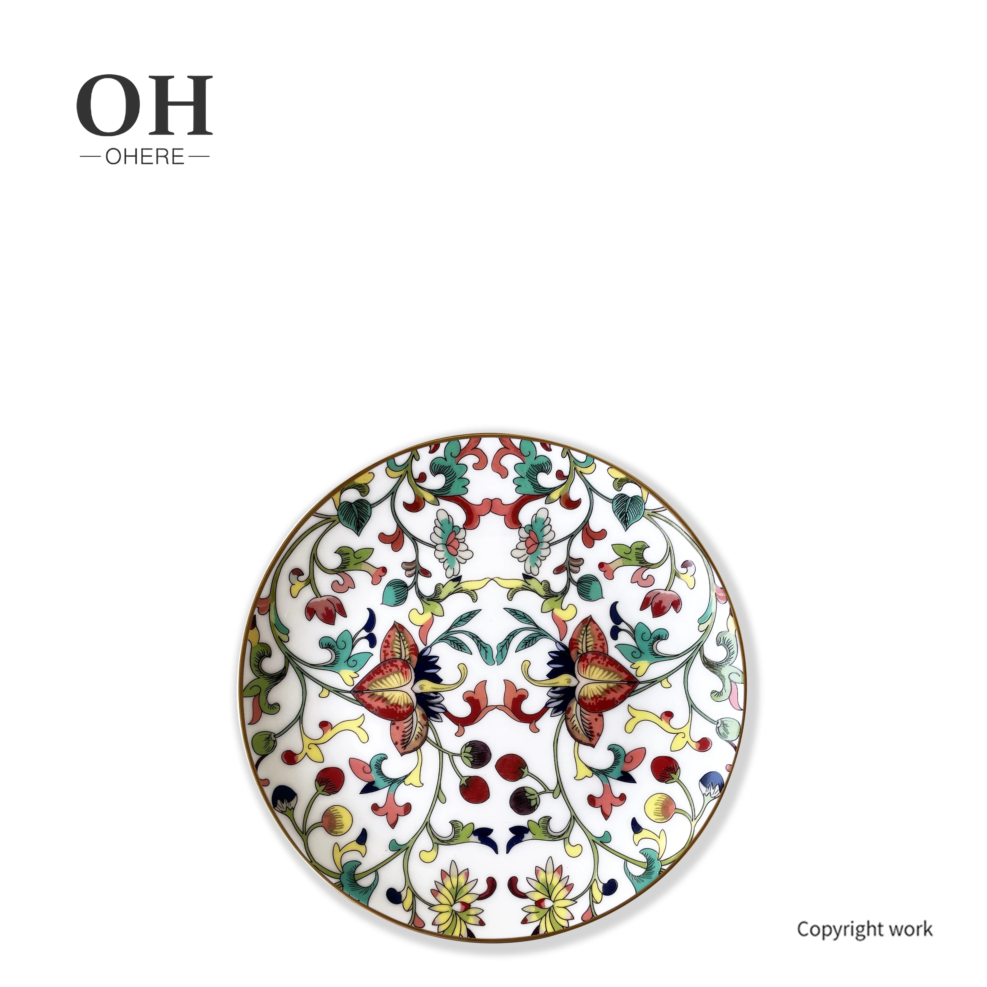 Decorative Nordic Bone China Charger Plate Flower and Animal Dinnerware Set Ceramic Dinner Plate Dishes with Gold Rim