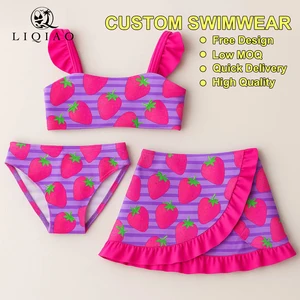 LIQIAO Custom Kids Colorful Print Ruffled Swimwear Beachwear Set Children Bikini & Skirt Swimsuit Free Design Low MOQ