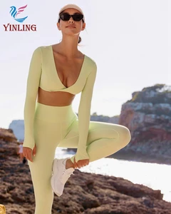 Running Folded Over Flare Leggings Yoga Sports Set New Arrival Women Active Wear Sets Halter Sports Bra Gym Outfits Sets