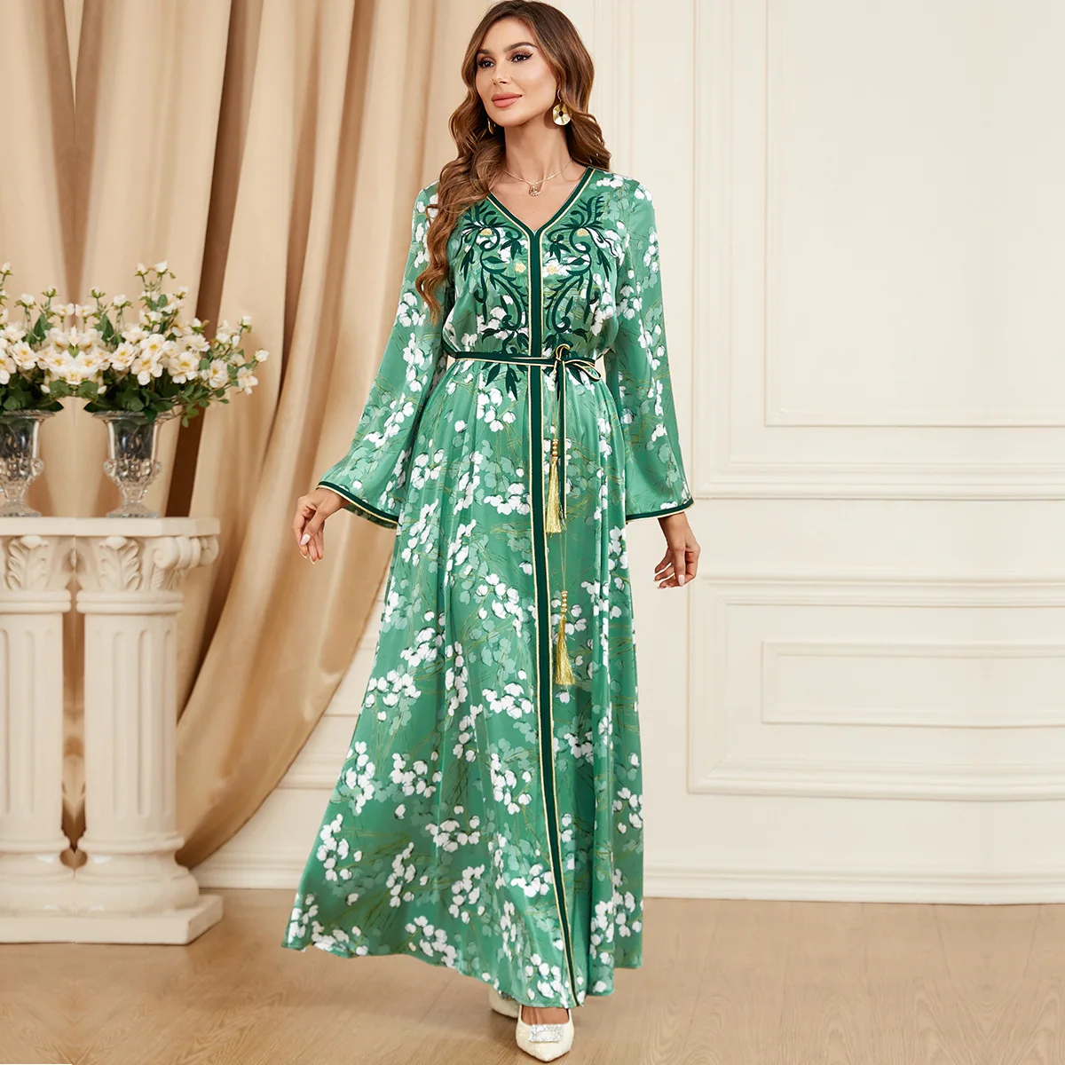 Modest Muslim Women's Long Dresses Autumn New Vintage Mexican Embroidered Floral Dress With Belt Dubai Abaya Wholesale