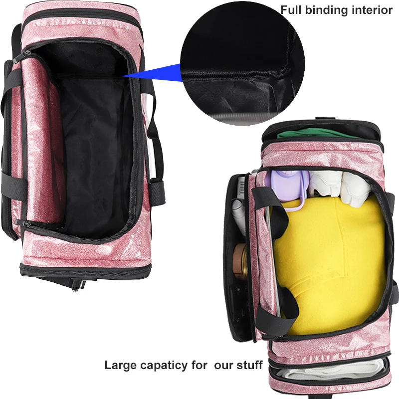 Custom Waterproof Overnight Spend a Night Bag Woman Travelling Wap Loading Glitter Pink Duffle Bags With Printed Logo