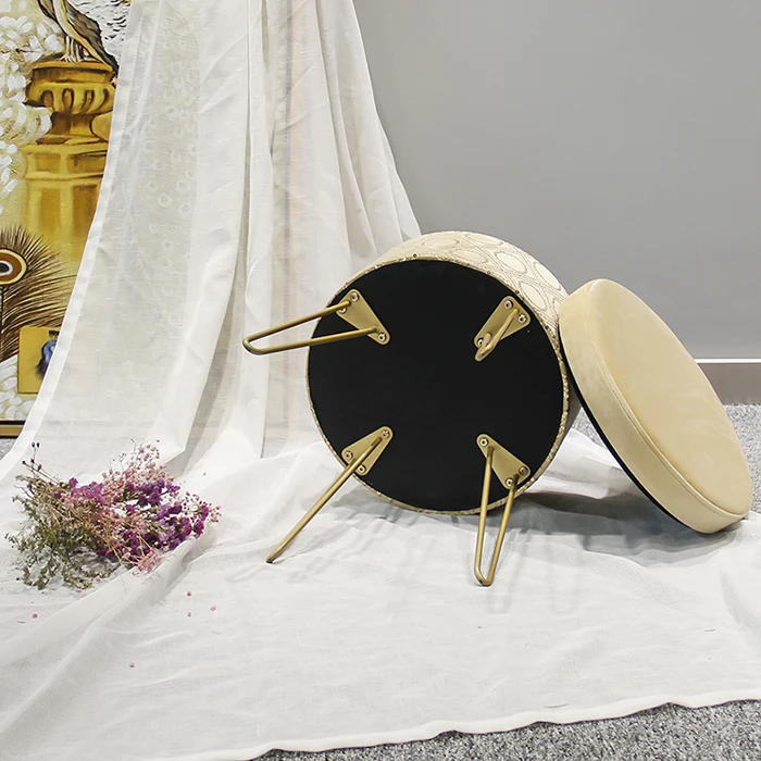 HStex Luxury Sequins Folding Velvet Gold Metal Legs Stool Modern Chair Seat Mirrored Ottoman