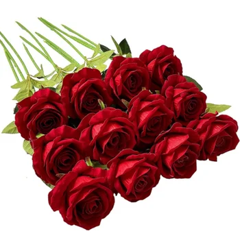 12 Pcs Artificial Rose Flowers Blossom Red Rose with Long Stem Bouquet for Home Wedding Party Garden Floral Valentine's Day Gift