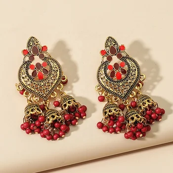 Fashion enamel tassel earrings bohemian gold silver colored beads jhumka earrings indian jewelry