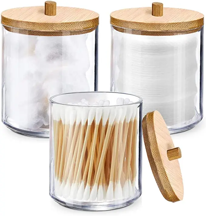 3 Pack Acrylic Qtip Holder Dispenser for Cotton Ball Pad Round Swab Holder,Clear Plastic Apothecary Jars for Bathroom