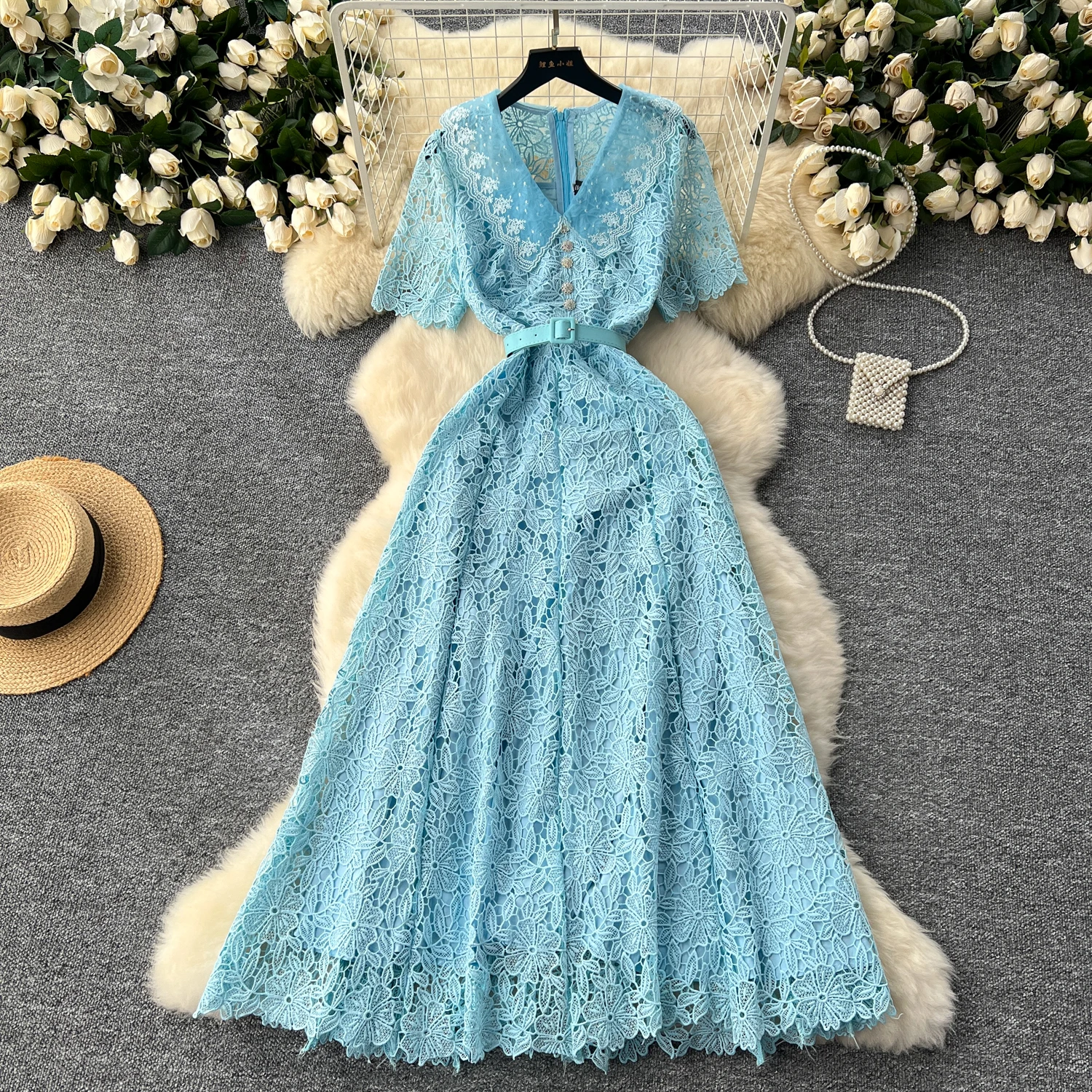 LE2619 2024 Autumn Vintage Hollow Hook Flower Lace Dresses Women Elegant  Women'S Boutique Women'S Boutique Socialite Long Dress