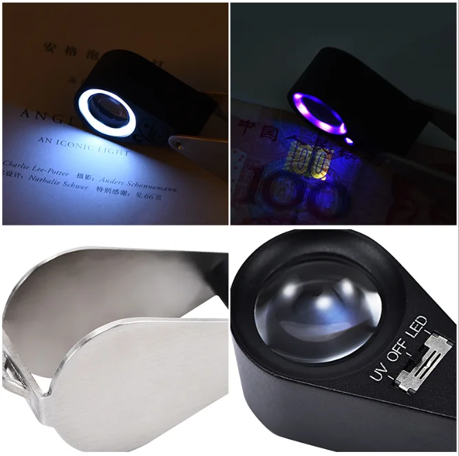 Folding Metal Loupe Magnifier with LED and UV Light 10x 21mm