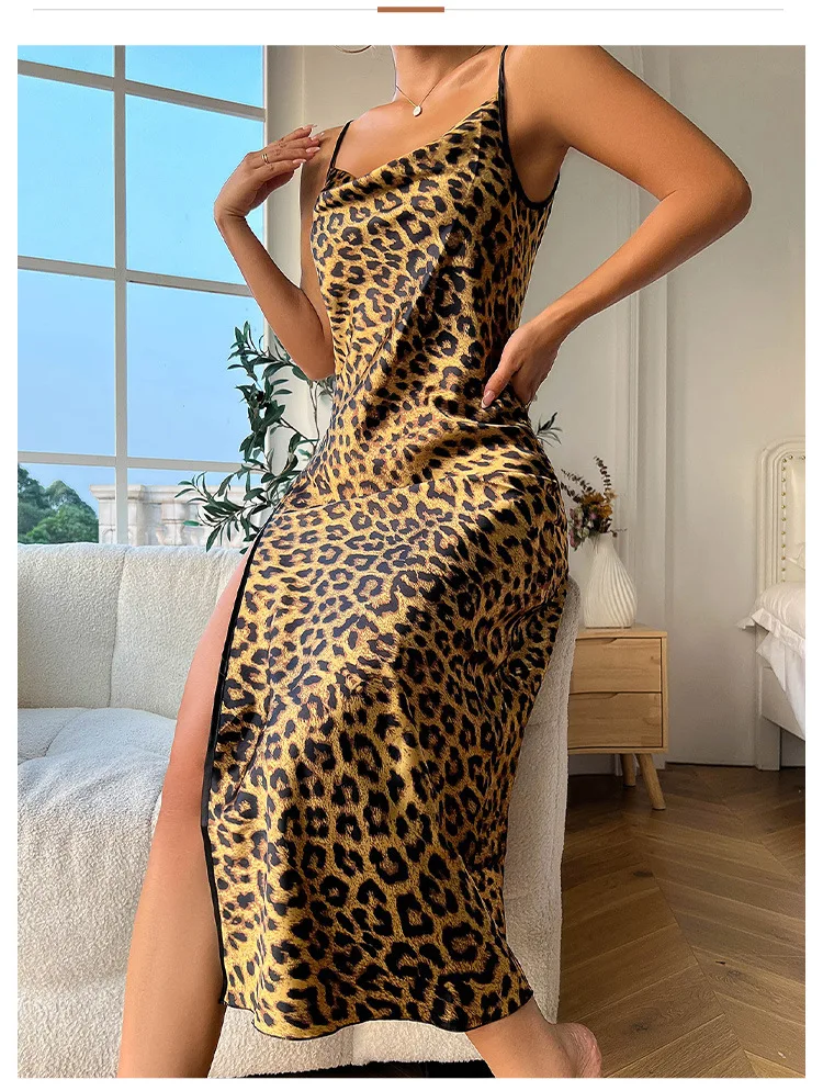 Light Luxury Pyjamas Drop Neckline High Slit Women's Silk Backless ...