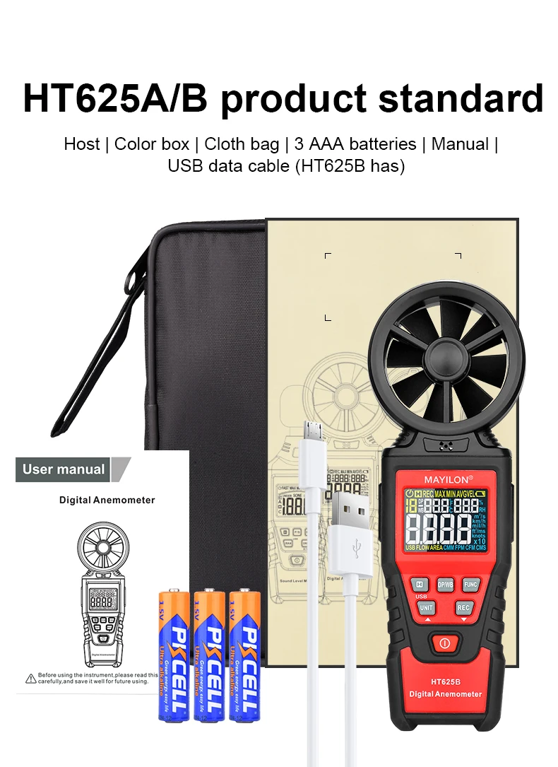 MAYILON Digital Anemometer HT625B Wind Speed Meter for Measuring Wind Speed Temperature Dew Point and Wind Chill and Humidity