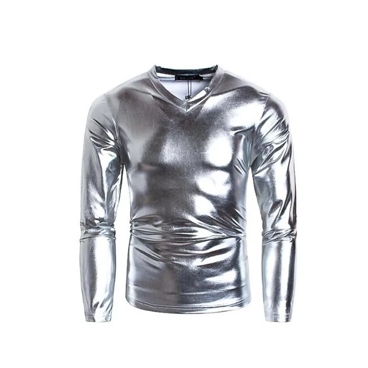 Men Black Shiny Glossy Faux Leather T-shirts Slim Fit V Neck Long Sleeve  Tops Nightclub Party Performance Costumes Tee Shirt