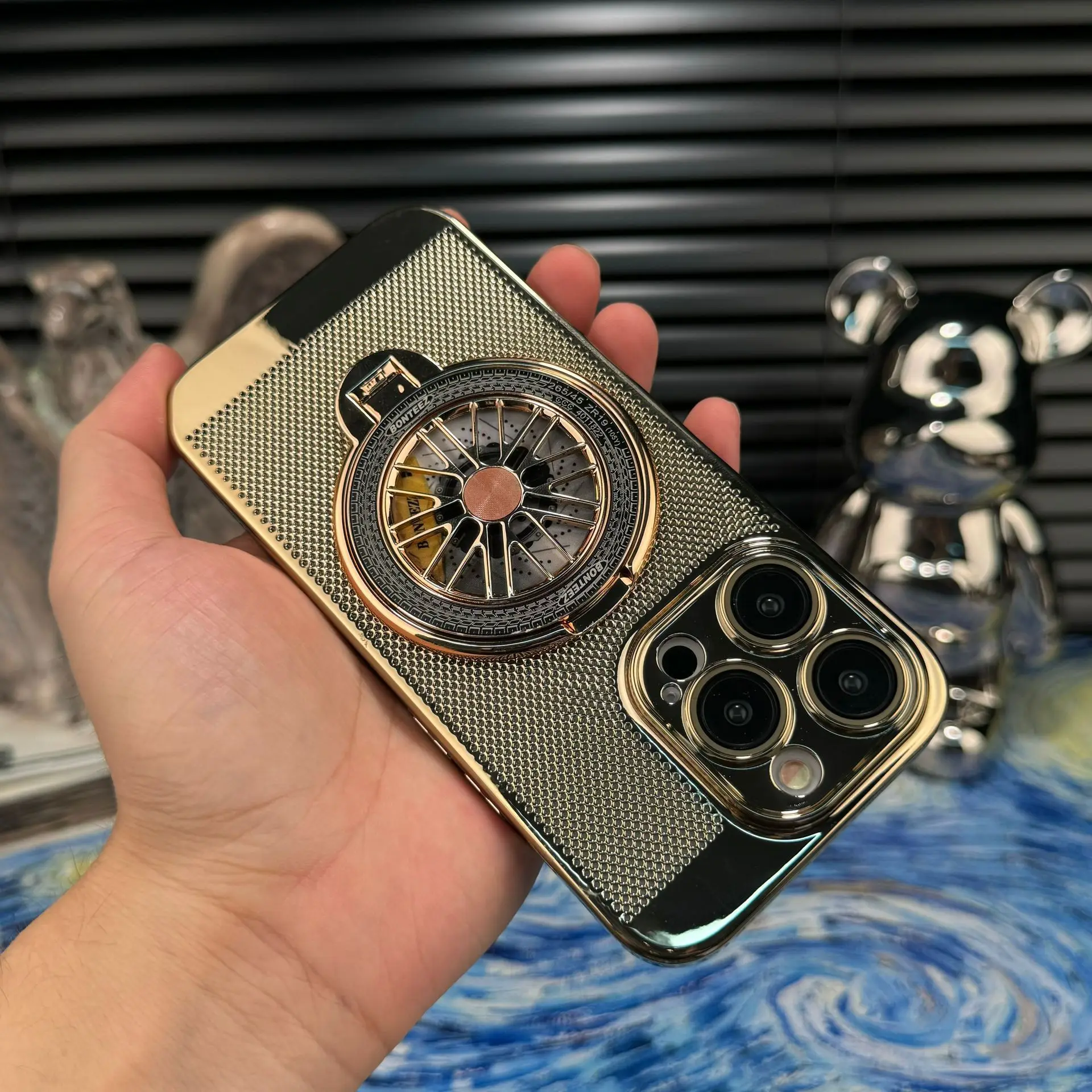 Luxury Stand & Anti-Fall Hard Case for iPhone with Gyro Rotating Grip Mobile Phone Cover Shell Featuring Electroplate Craft