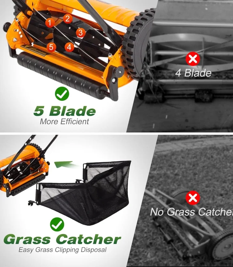 Gardening Tool Push Reel Walk-Behind Steel Lawn Mowers with Multiple-Blade 4-Position Cutting Height Adjustment
