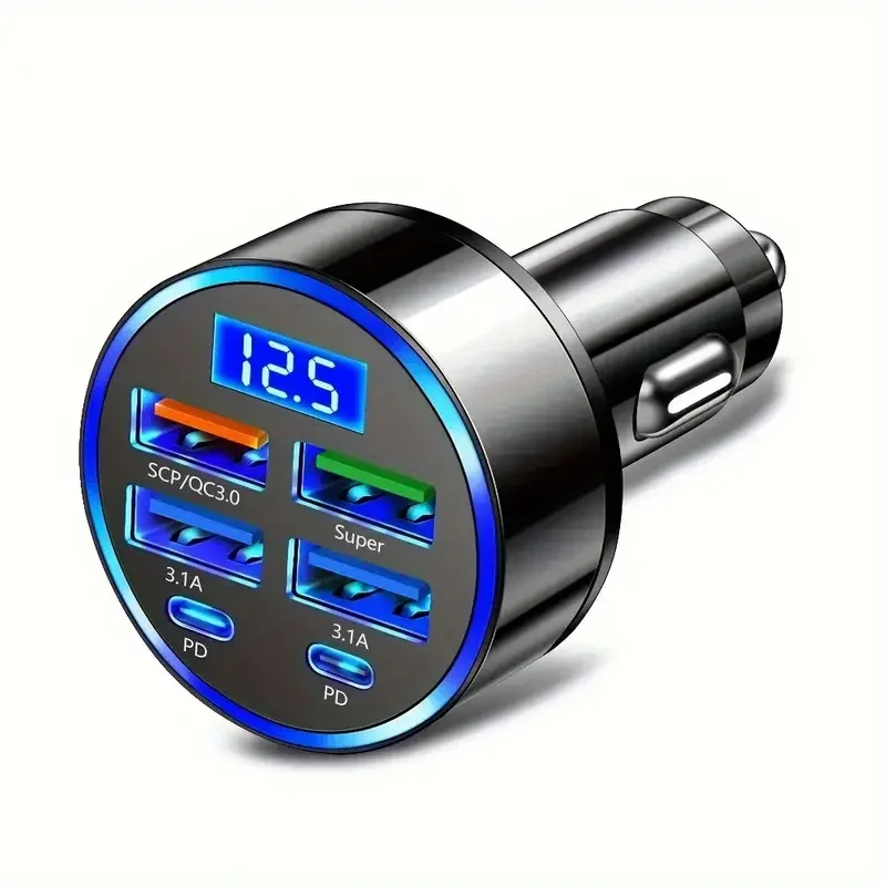 6-in-1 Car Charger with QC3.0 Fast Charge, USB Type-B, Matte Finish, Cigarette Lighter Powered