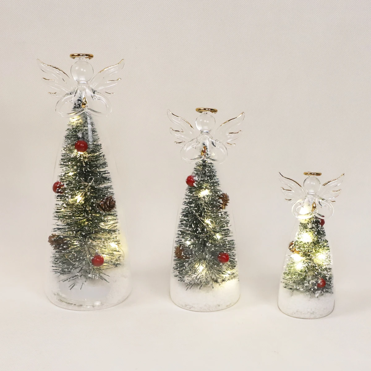 Wholesale lighted 3 assorted clear Christmas decoration handmade  blown glass angel figurines with led light