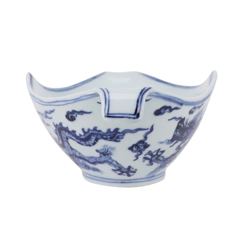 明代の複製品、青と白の龍鳳凰模様の中国磁器フルーツボウル、景徳鎮