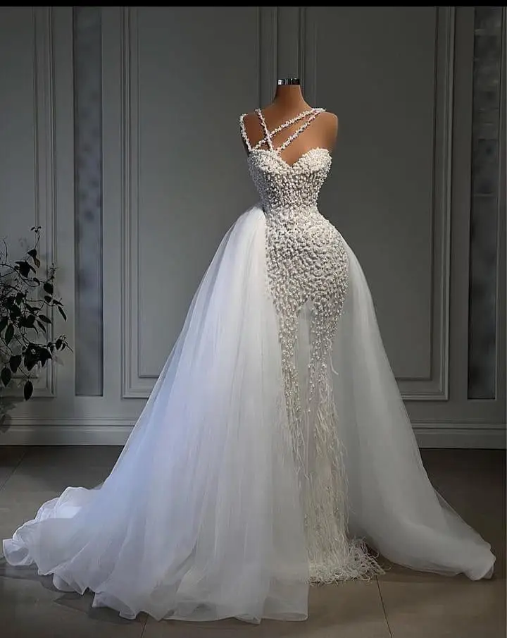 S5579f 2026 New Drop Shipping Mermaid Detachable Trailing Long Sleeve Skin Color Mesh Lace Bridal Large Trailing Wedding Dress