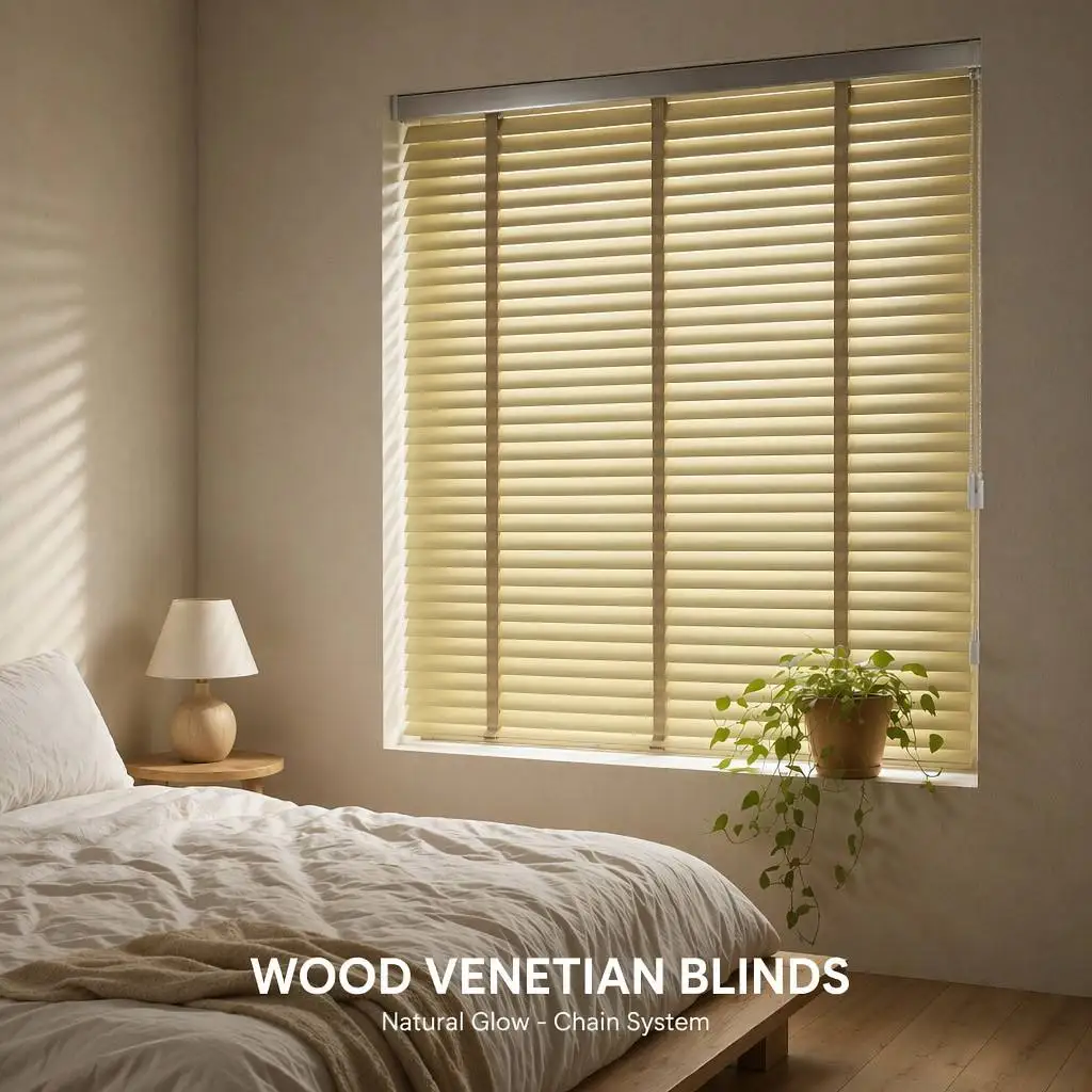 Tapparelle veneziane in paulownia naturale integrate per camera da letto e soggiorno, con colore tinto, sistema a scala con nastro e catena, blocco dei raggi UV, misura personalizzata