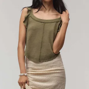 Spring Summer Custom Wholesale Soft Ruffle Sleeves Crew Neck Tshirt for Women Scoop Neck Pullover Tank Top
