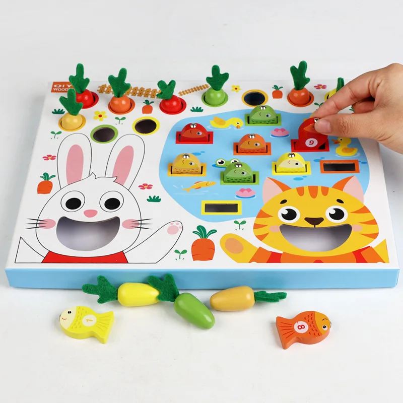 子供向け木製キャラクター釣りと大根引きゲーム お色分けカード付き モンテッソーリ教育玩具