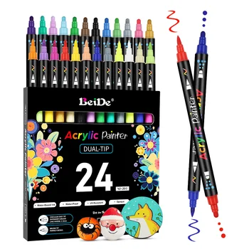 24 Colors Dual Tip Acrylic Marker Set Dot/Brush Tip Acrylic Paint Markers for Rock Fabric Wood DIY Graffiti Art Supplies