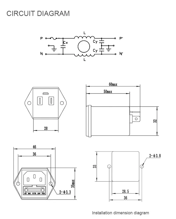 High Quality Single Phase AC Filters 1A 3A 6A 10A IEC Socket Type with Single Insurance Power System RFI (LC RC Networks) factory