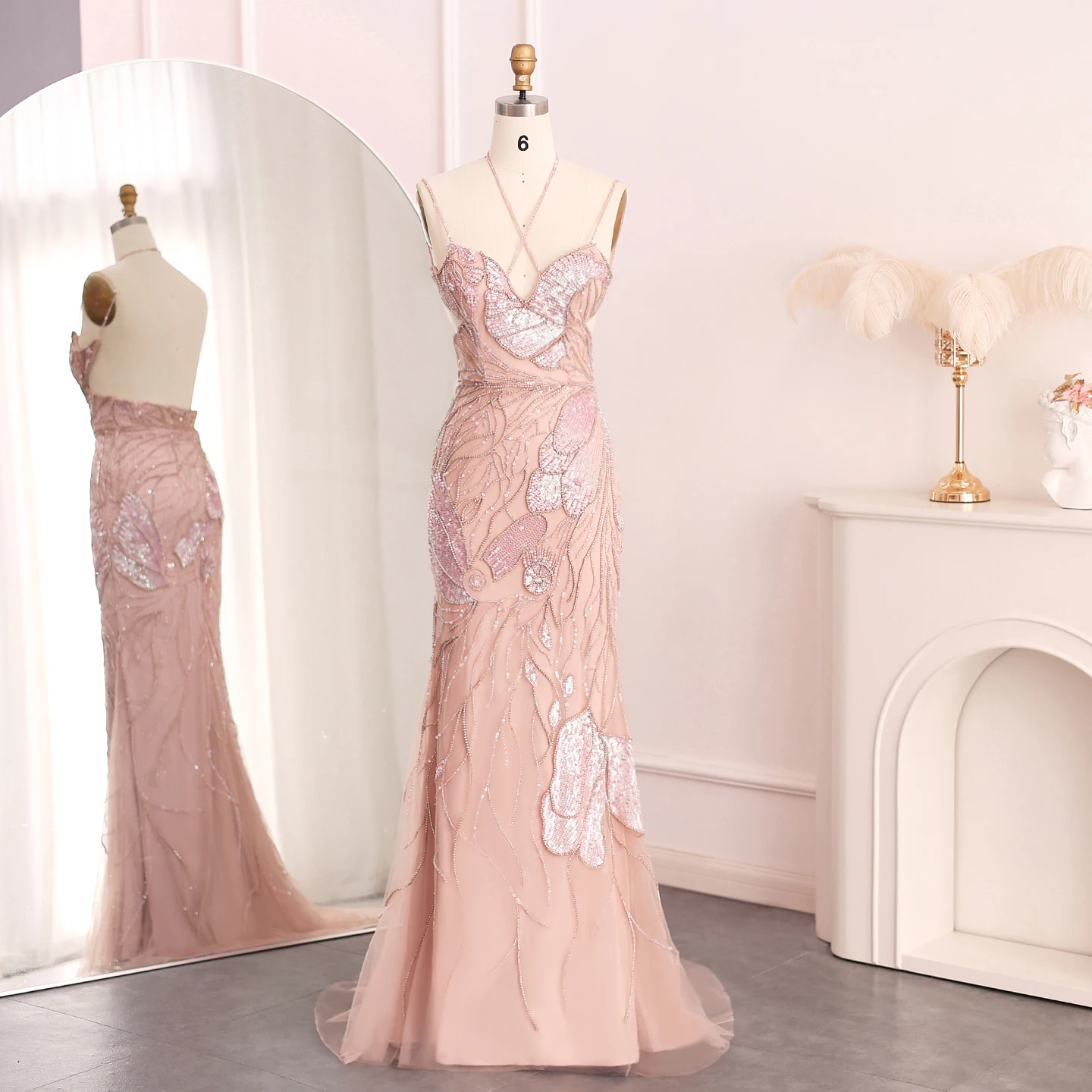 Luxury Mermaid Pink Evening Dresses With Feathers Scarf Spaghetti ...