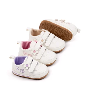 Hot Selling Hook&loop Embroidery Flowers Soft PU Leather White Baby Girls Shoes in Bulk