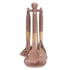 Brown wooden handle cookware 6 piece set rotating rack