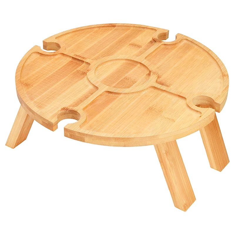 Folding Mini Tray Bamboo Portable Wine Picnic Table  with Glass Holders for  Beach Camping