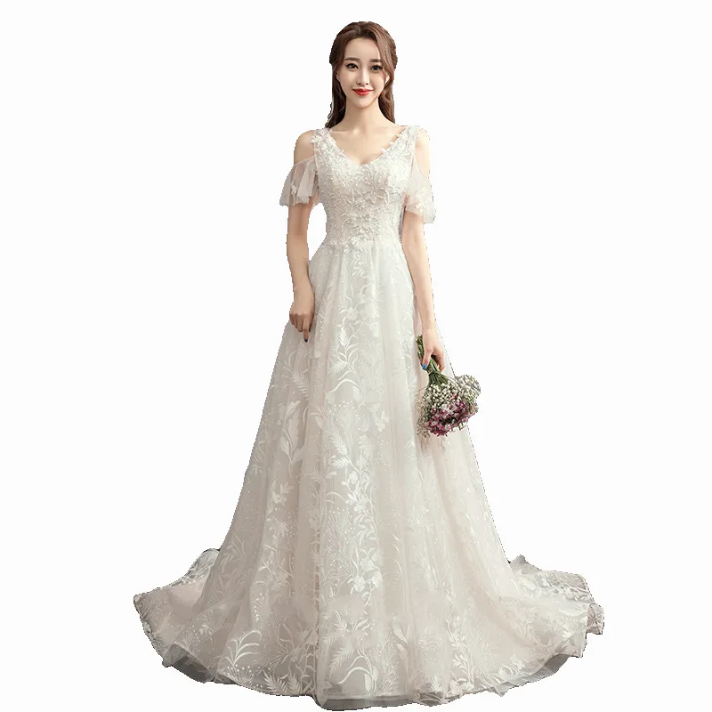 2020 a Line Designer Backless  Applique Wedding Gowns French Looks Slim and Light Wedding Dresses