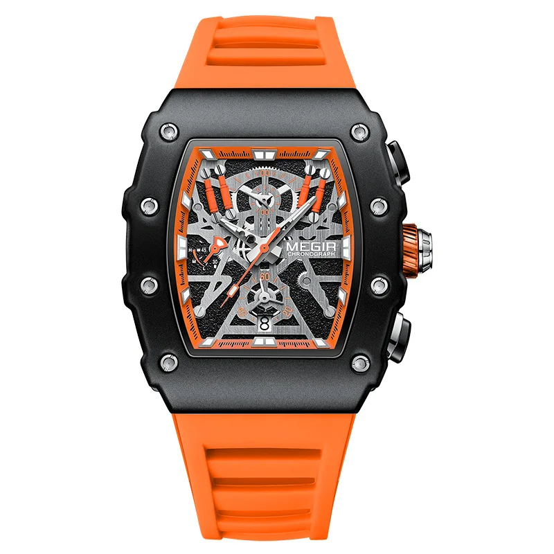 MEGIR Orologio da polso al quarzo con cinturino in silicone sportivo militare da uomo alla moda luminoso Tonneau quadrante cronografo con data, 2218 Rosso Nero