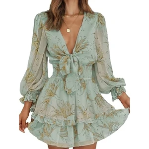 Womens Sexy Knot Front V Neck A-Line Shift Dress Swing Beach Skater Sundress Spring Summer Ruffles Long Sleeve Floral Print