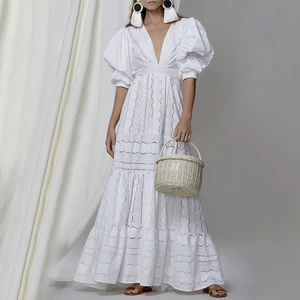 Custom Linen Dress Elegant Puff Short Sleeve Button V Neck Maxi Korean Dresses White Summer Vintage Dress