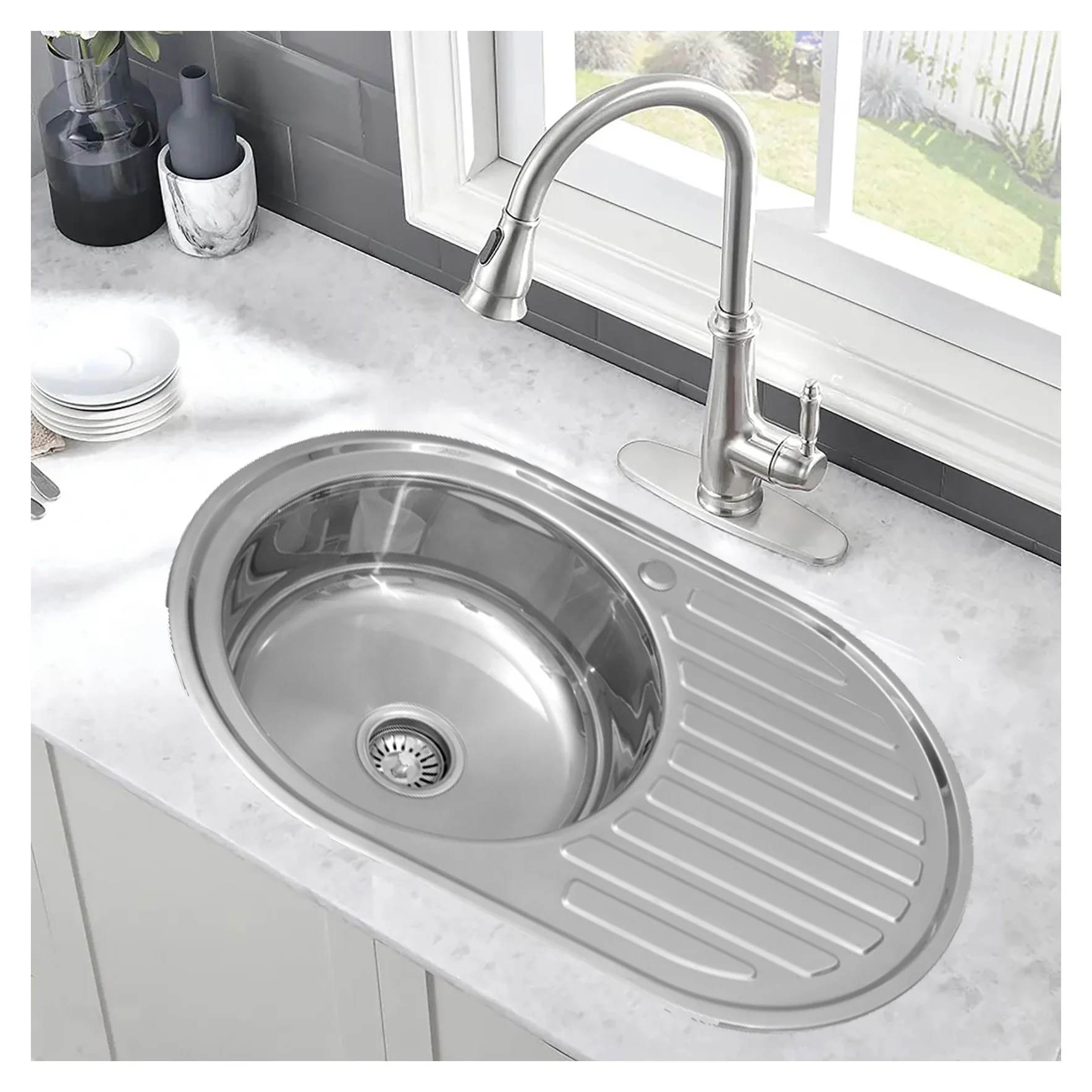 Stainless Steel Round With Drain Board Kitchen Sink Brush Single Bowl Kitchen Sinks Press Sinks