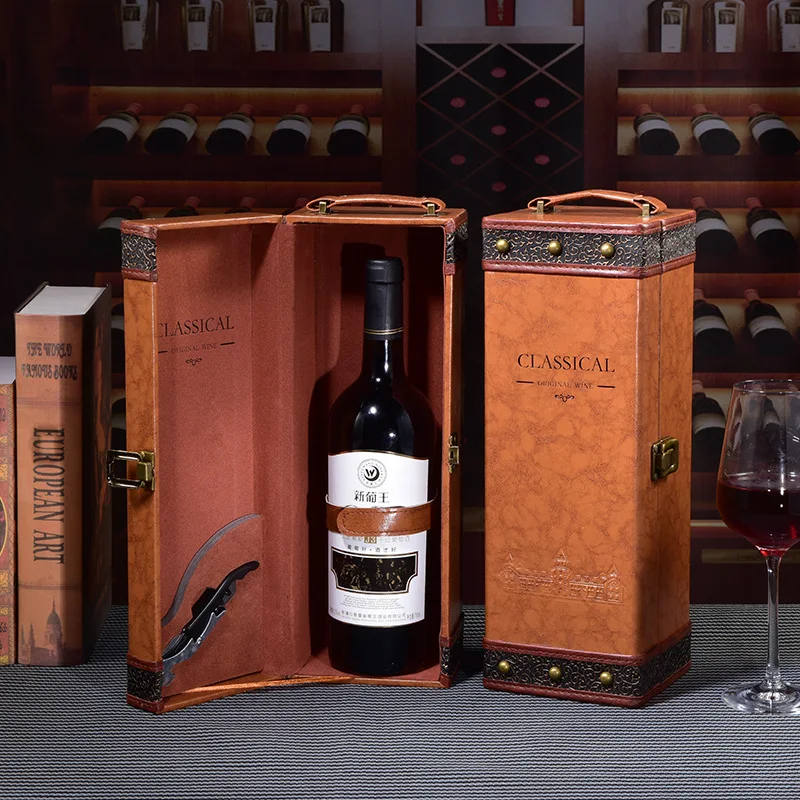 Custom Printed Modern Style PU Leather & Wood Wooden Gift Packaging Boxes for 1/2/4/6 Bottle Wine Box