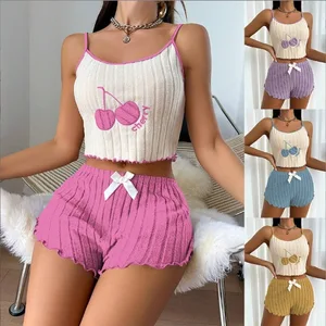 Summer 2pcs Pajamas Set for Women Casual Wool Halter Vest Shorts Set Home Wear Sleepwear Loungerwear