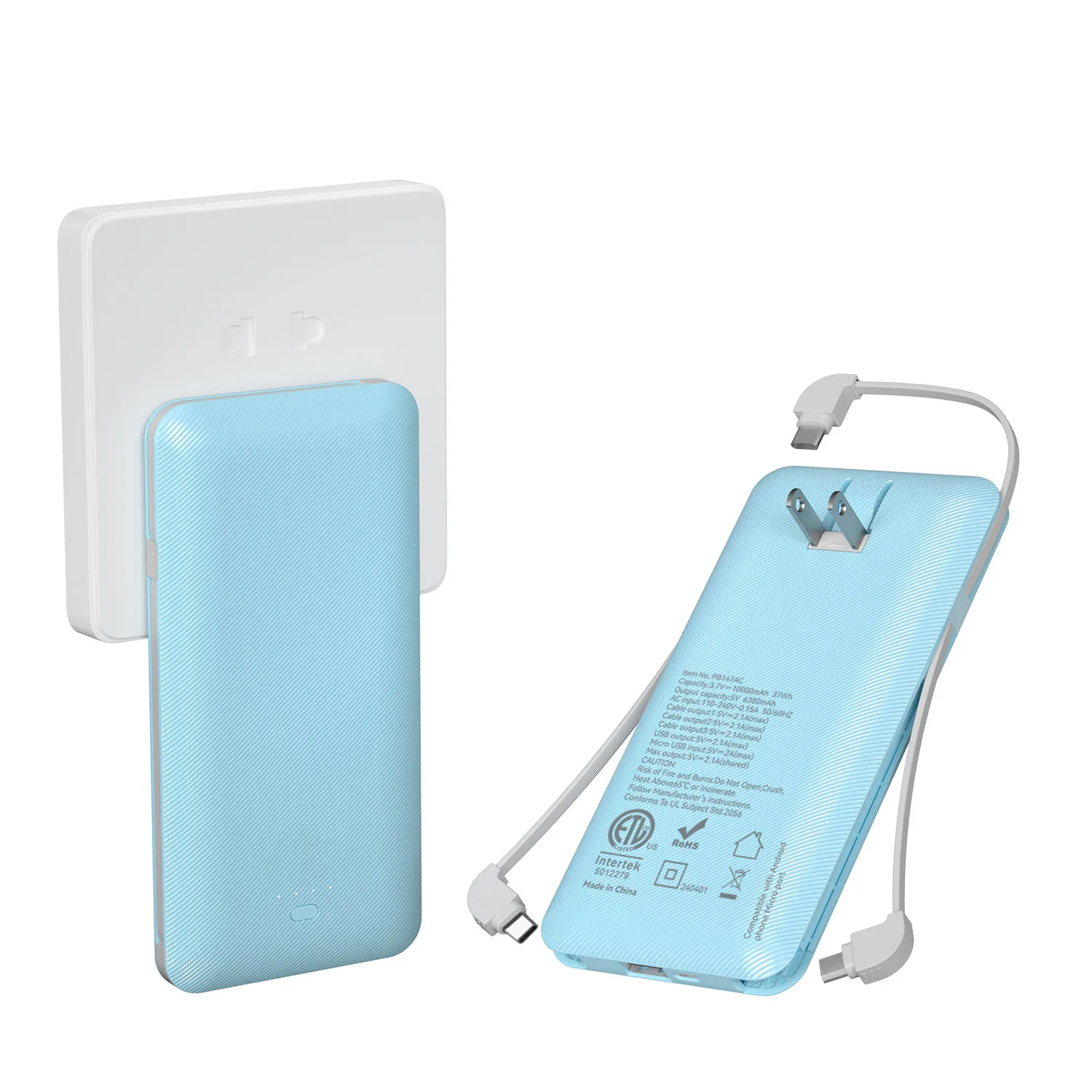 PD20W Power Bank 10000mAh Built-in Folding AC Plug, Portable Multi-Port Power Bank with 3 Cables, Black White Blue Pink PB147AC