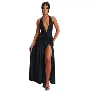 Women's Fashionable Elegant V Neck Halter Backless Pleated Sexy Slit Maxi Dress Dropshipping Solid Pattern Eco-Friendly