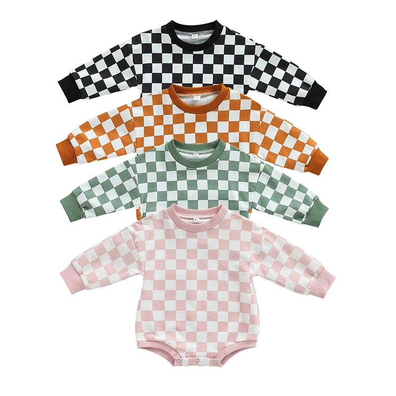  Baby Boy Girl Fall Clothes Crewneck Sweatshirt Romper  Checkerboard Long Sleeve Bodysuit Oversized Pullover Top (Coffee  Checkerboard , 0-6 Months ) : Clothing, Shoes & Jewelry