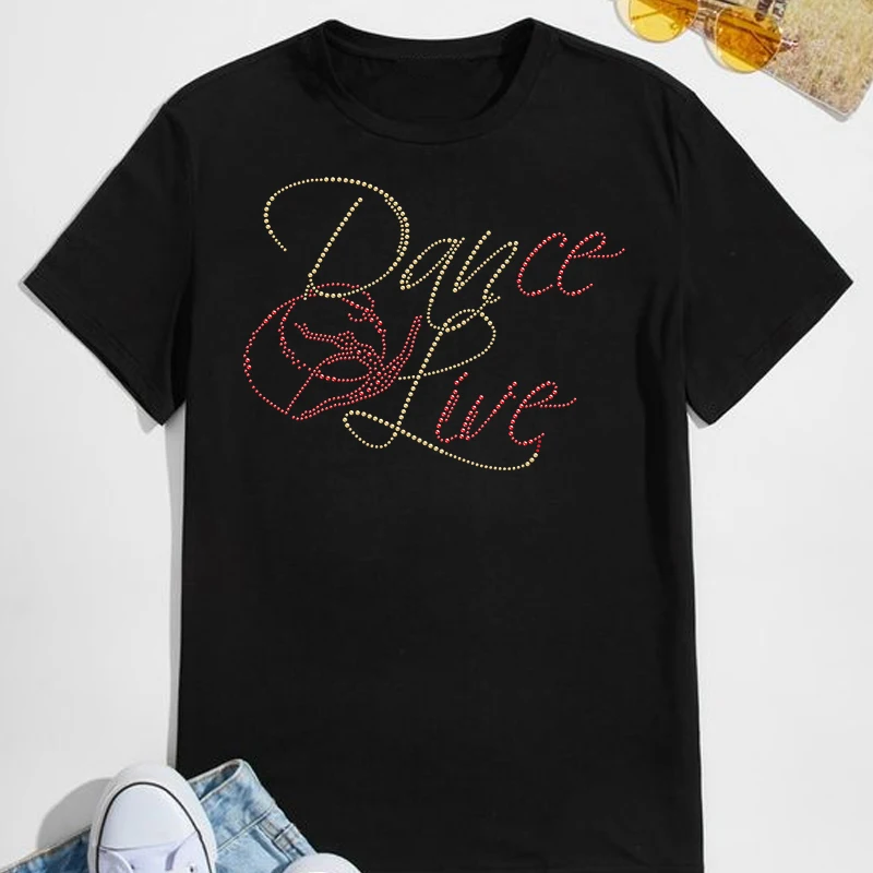 Custom Dance Live Designs Red Yellow Rhinestone Heat Transfer Applique Stickers for Shirt Bags Sports Bra Garments