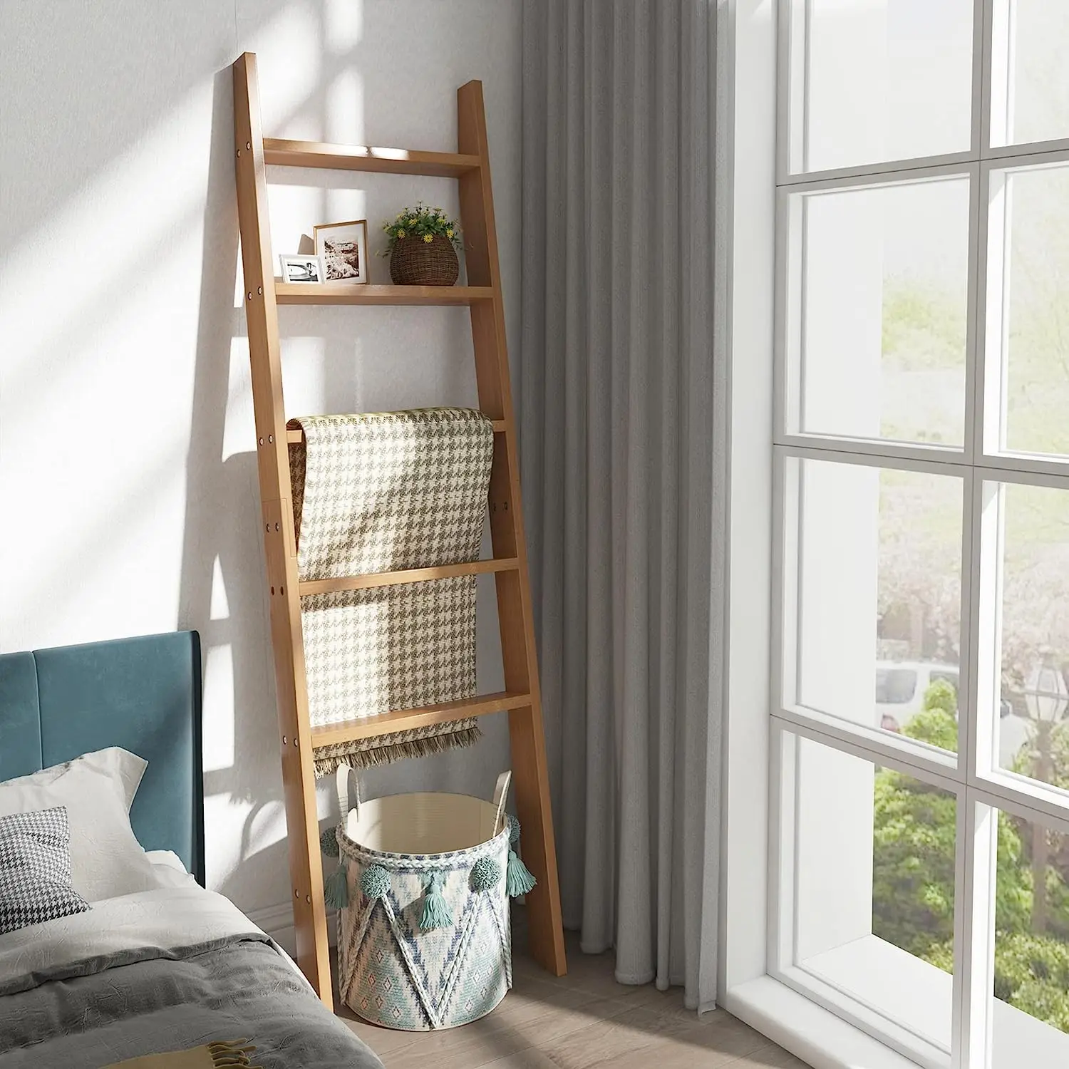 Bamboo Towel Rack Adjustable 5-Tier Stand for Bathroom